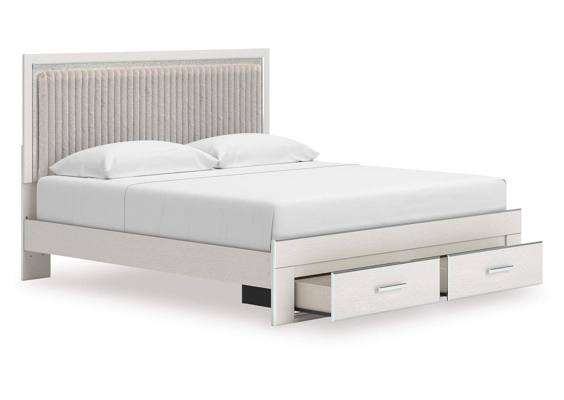 Birmonton King Upholstered Panel Platform Storage Bed, Chest and Nightstand angled view
