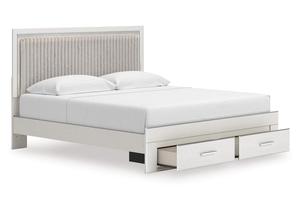 Birmonton King Upholstered Panel Platform Storage Bed, Dresser and Nightstand angled view