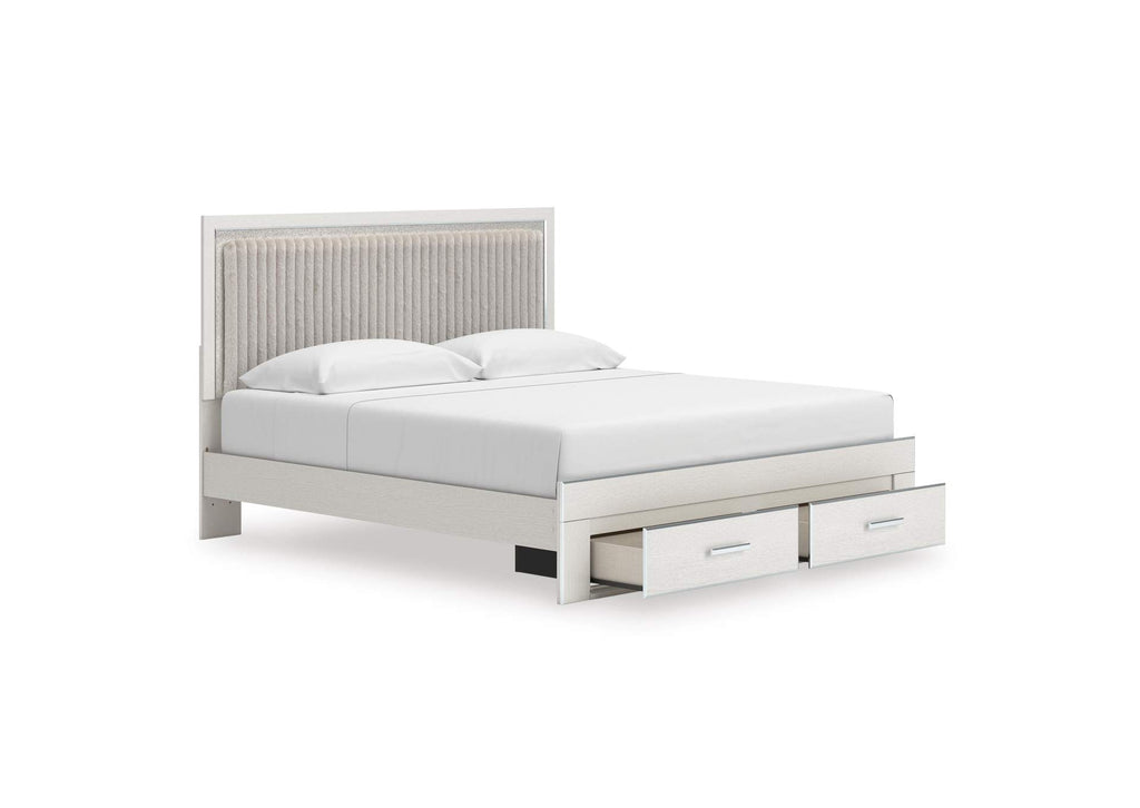 Birmonton King Upholstered Panel Platform Storage Bed and Dresser angled view