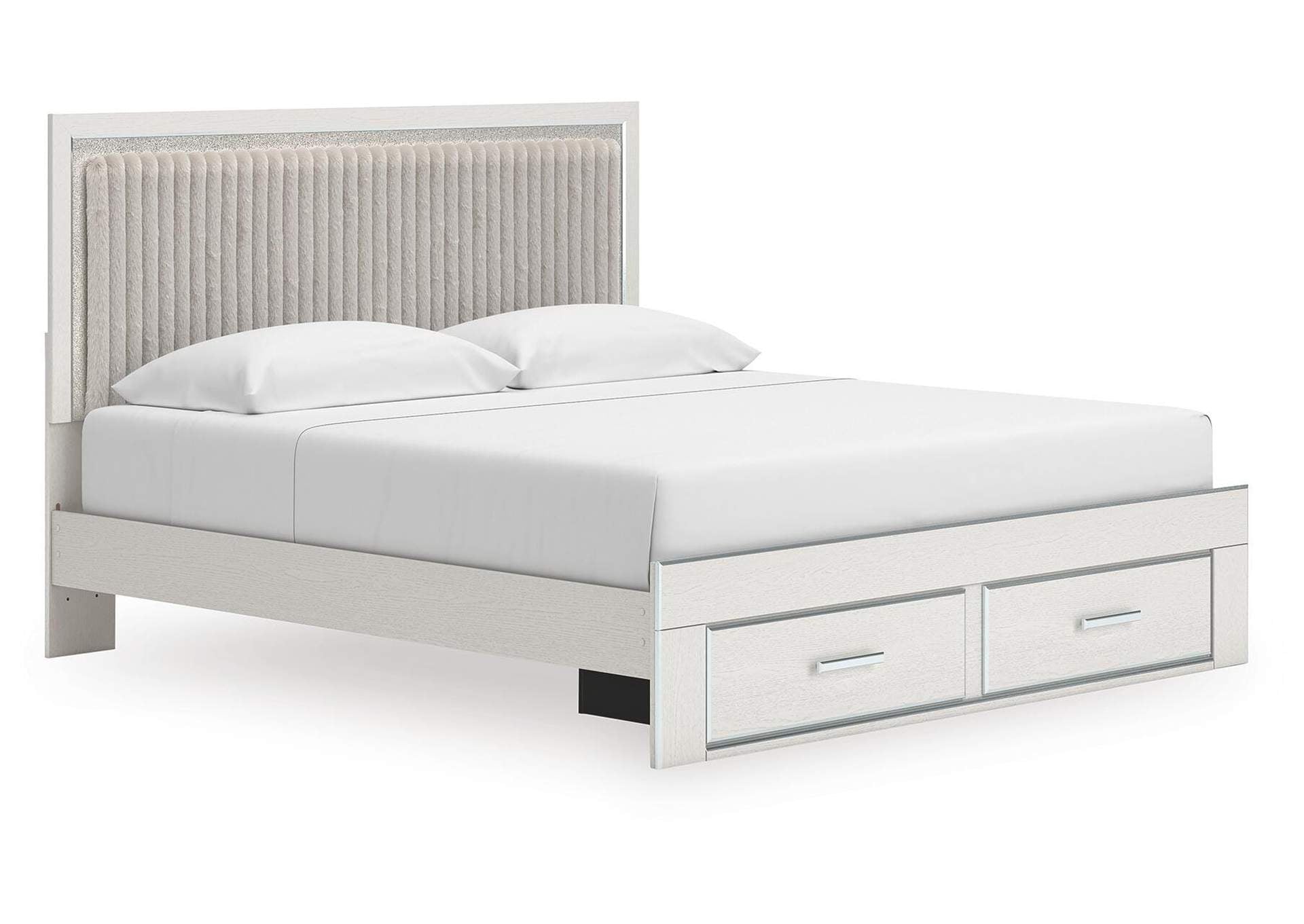 Birmonton King Upholstered Panel Platform Storage Bed, Chest and Nightstand angled view