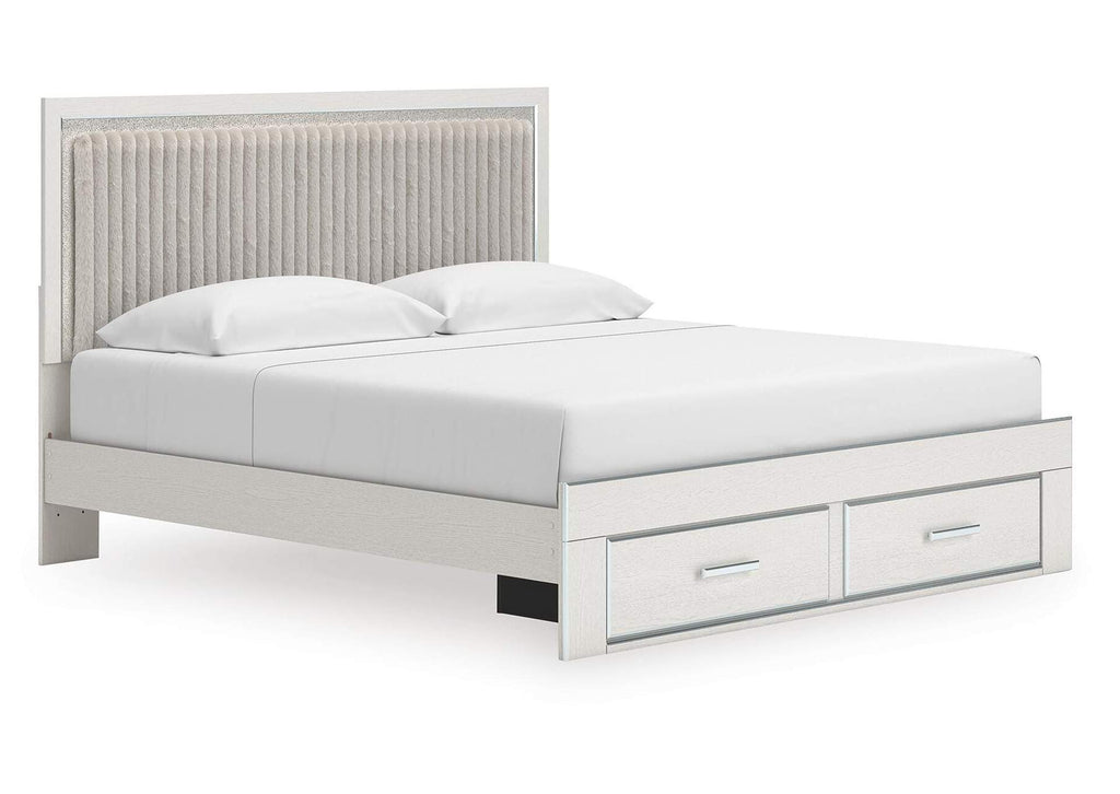 Birmonton King Upholstered Panel Platform Storage Bed, Dresser and Mirror angled view
