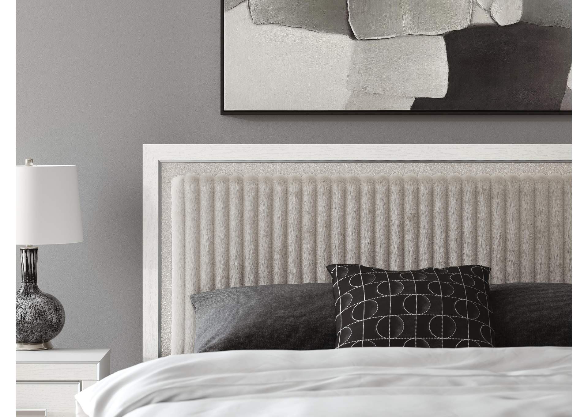 Birmonton King Upholstered Panel Platform Storage Bed, Dresser, Mirror and Nightstand detail