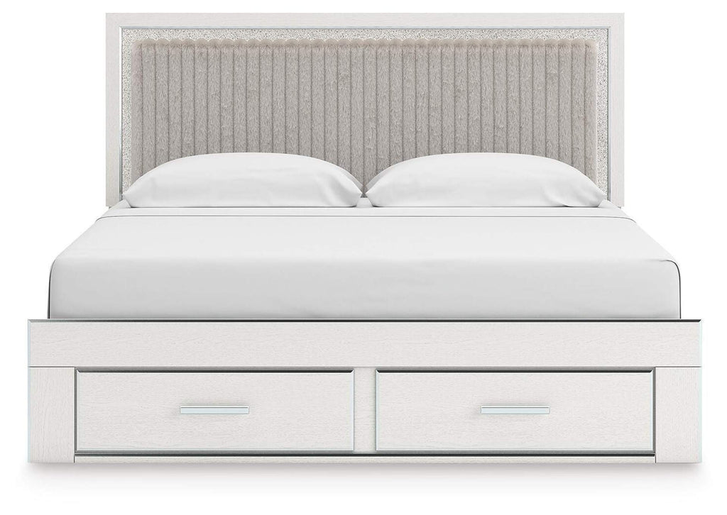 Birmonton King Upholstered Panel Platform Storage Bed, Dresser and Mirror