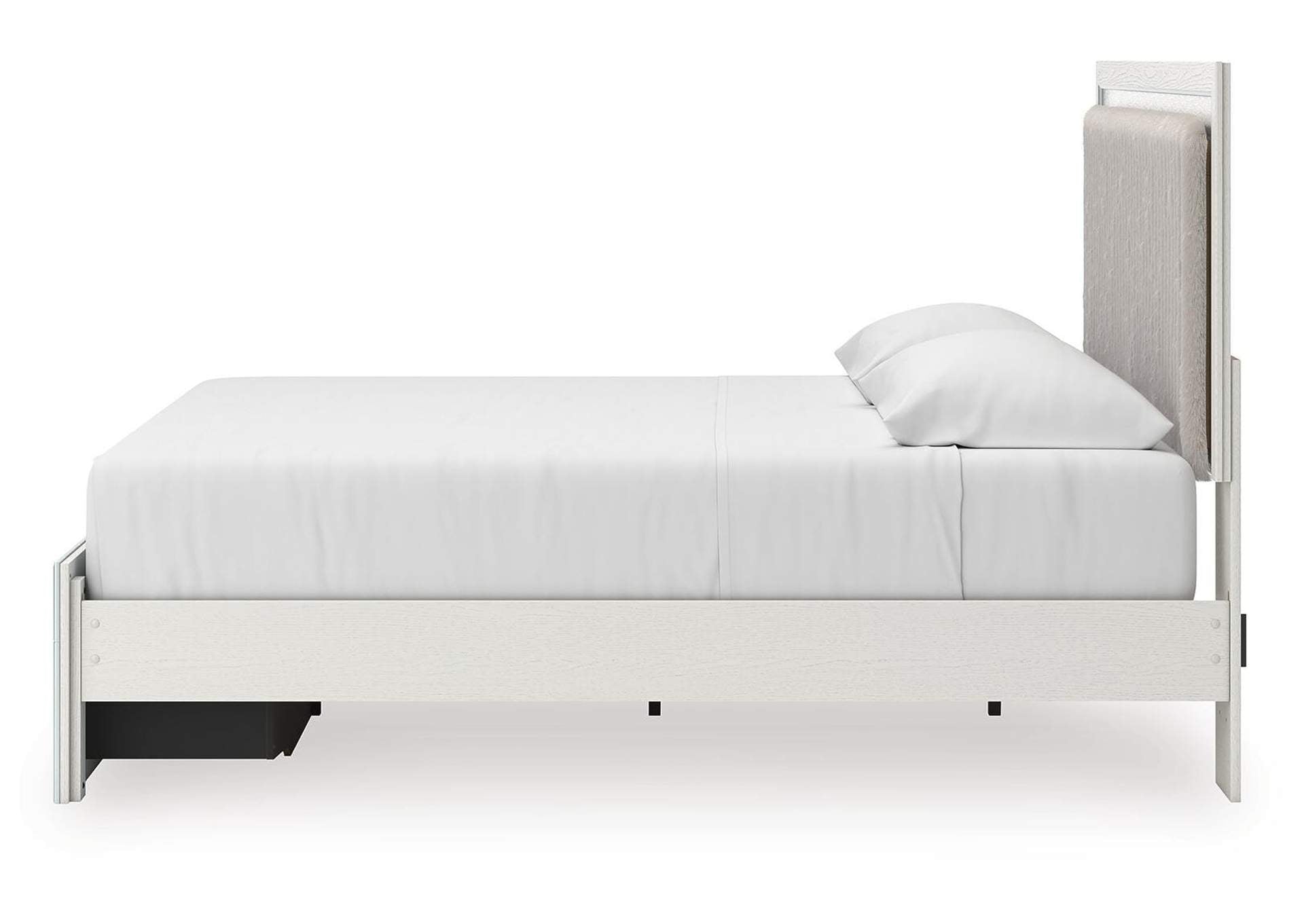 Birmonton King Upholstered Panel Platform Storage Bed, Dresser, Mirror and Nightstand side view