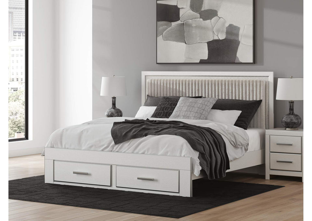 Birmonton King Upholstered Panel Platform Storage Bed, Dresser, Mirror and Nightstand