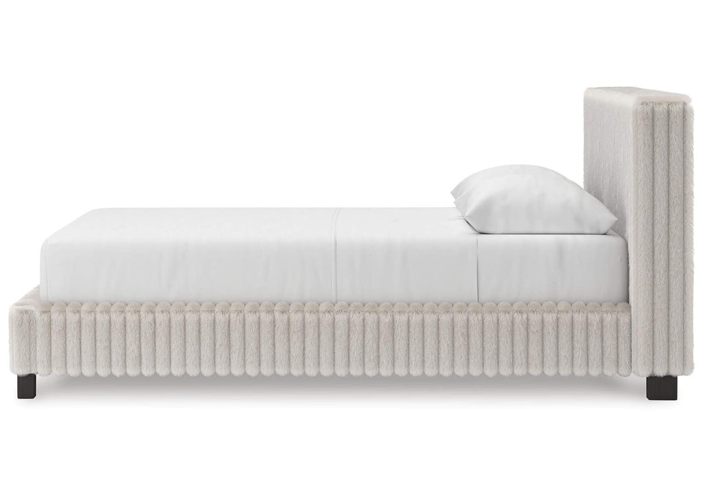 Birmonton Queen Upholstered Bed, Dresser and Nightstand side view