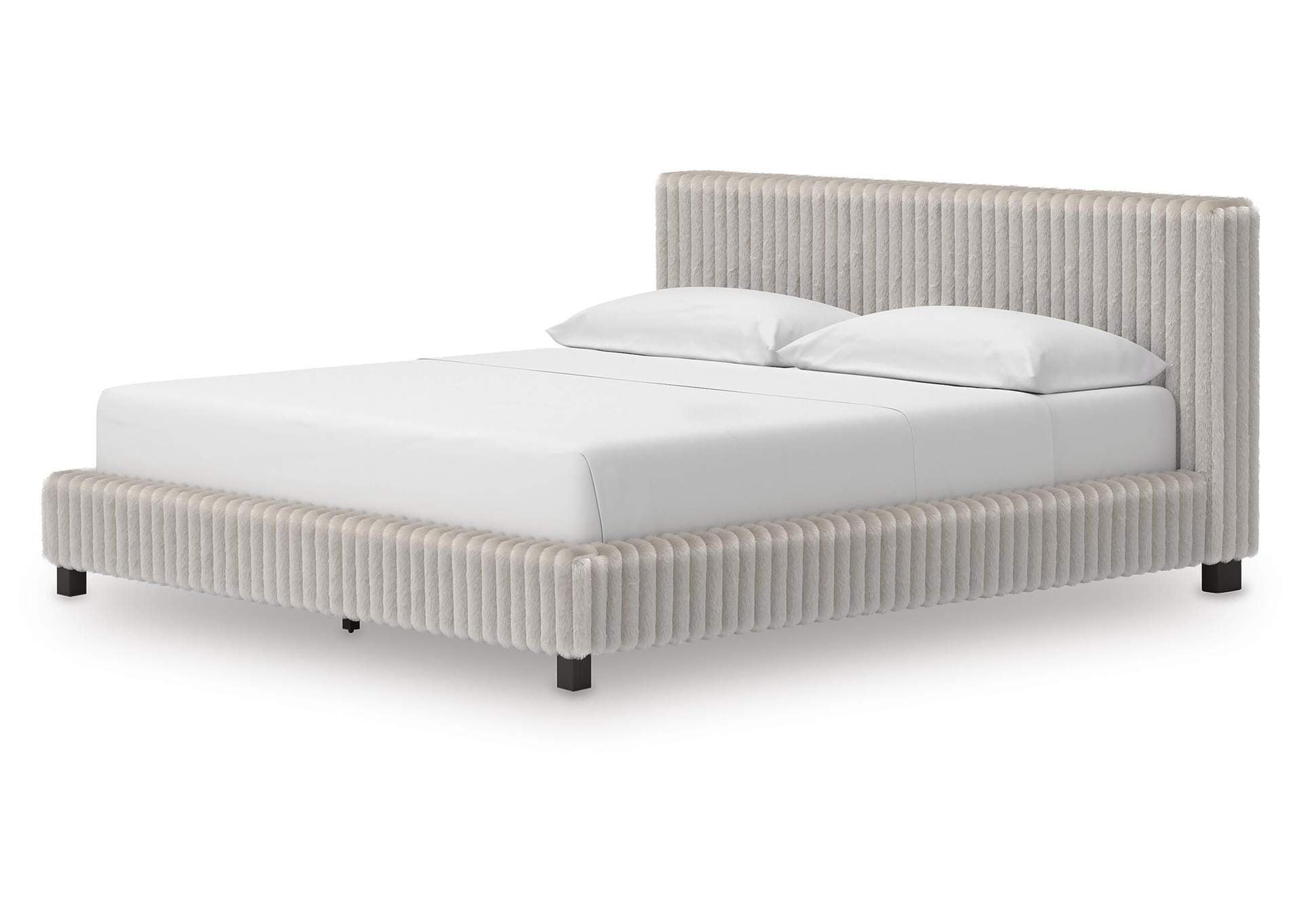 Birmonton California King Upholstered Bed, Dresser and Mirror angled view