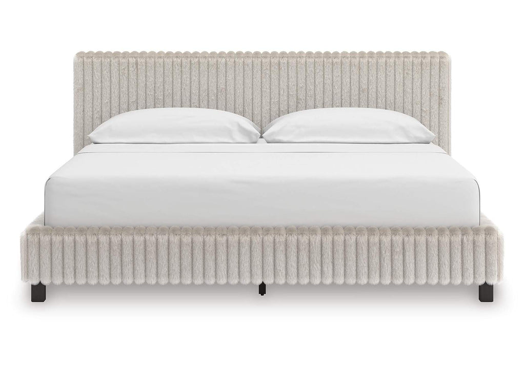 Birmonton California King Upholstered Bed, Chest and Nightstand front view