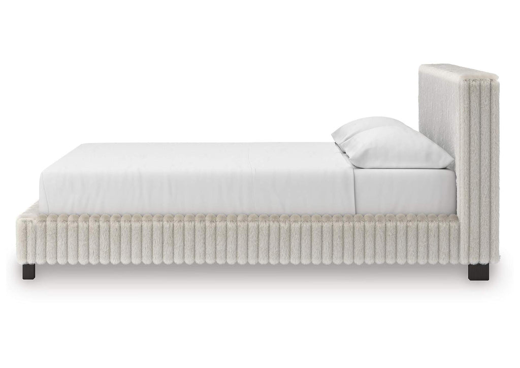 Birmonton California King Upholstered Bed, Dresser and Nightstand side view