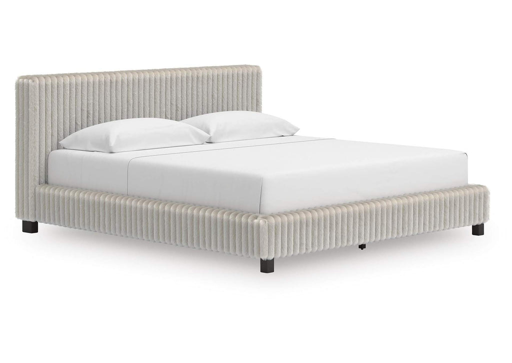 Birmonton King Upholstered Bed, Dresser, Mirror and Nightstand angled view