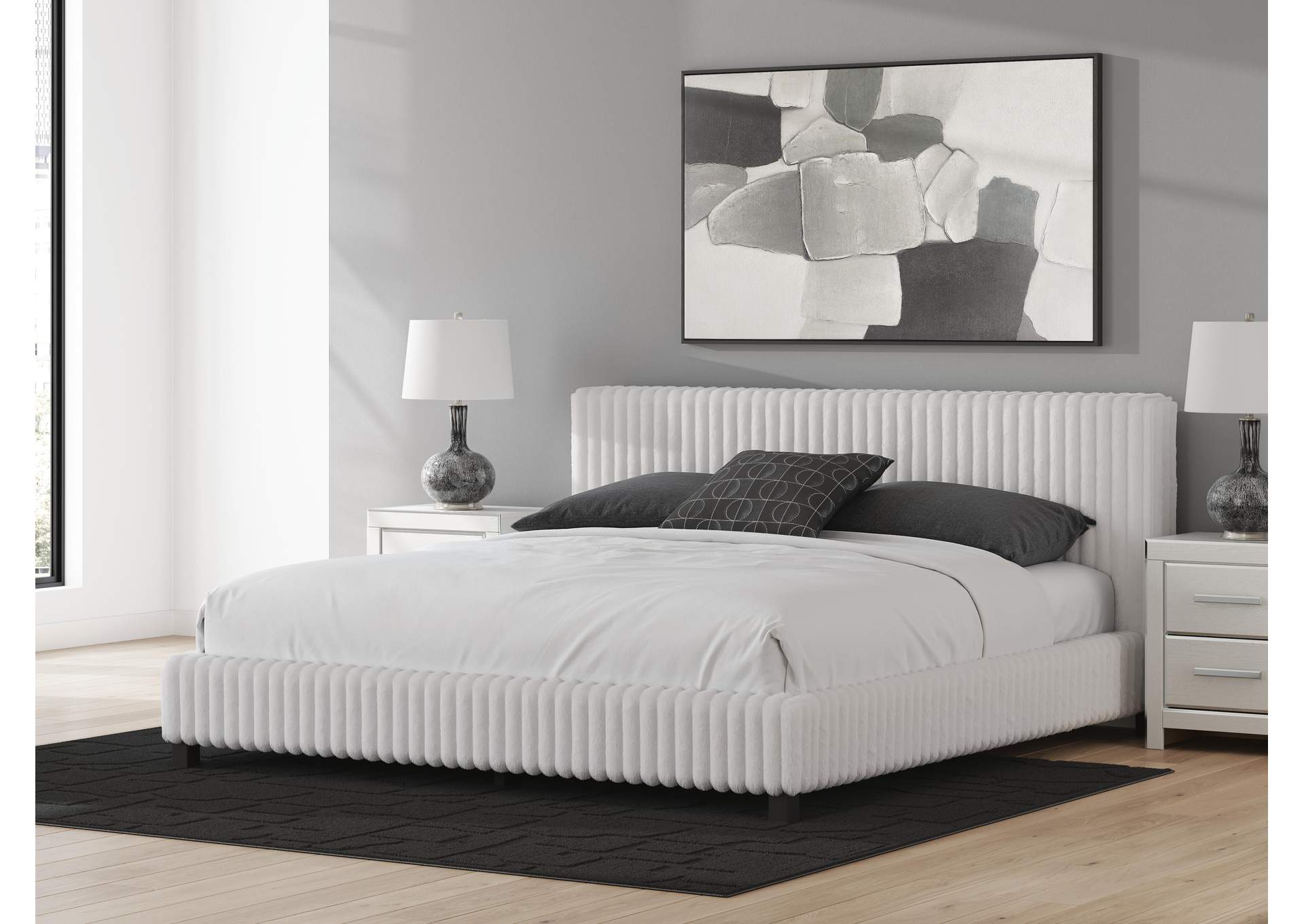 Birmonton King Upholstered Bed, Dresser and Nightstand