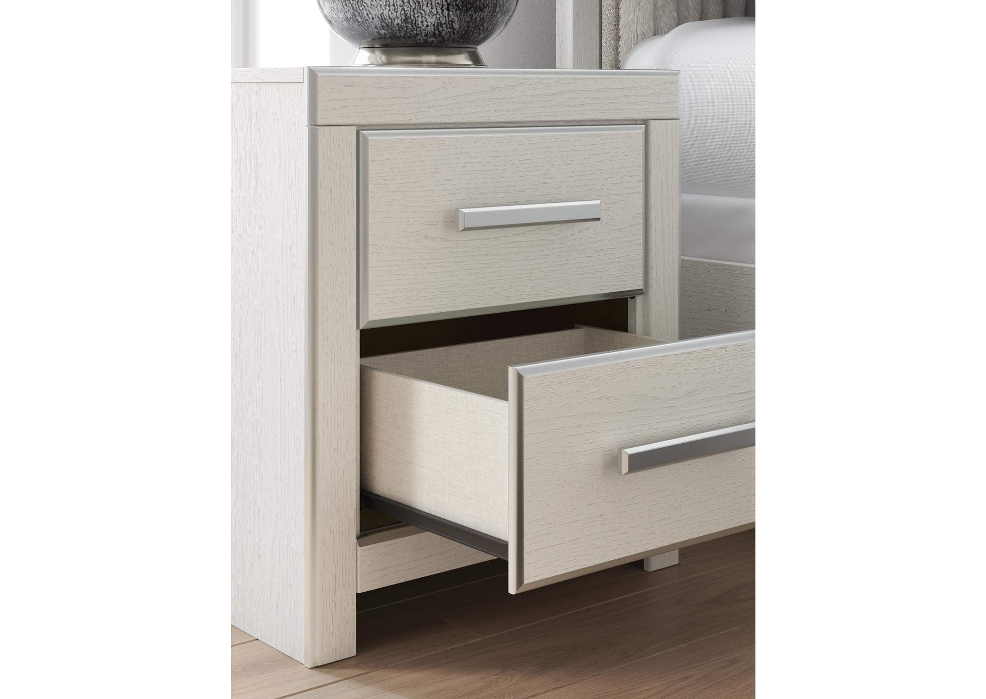 Birmonton California King Upholstered Bed, Dresser, Mirror and Nightstand detail