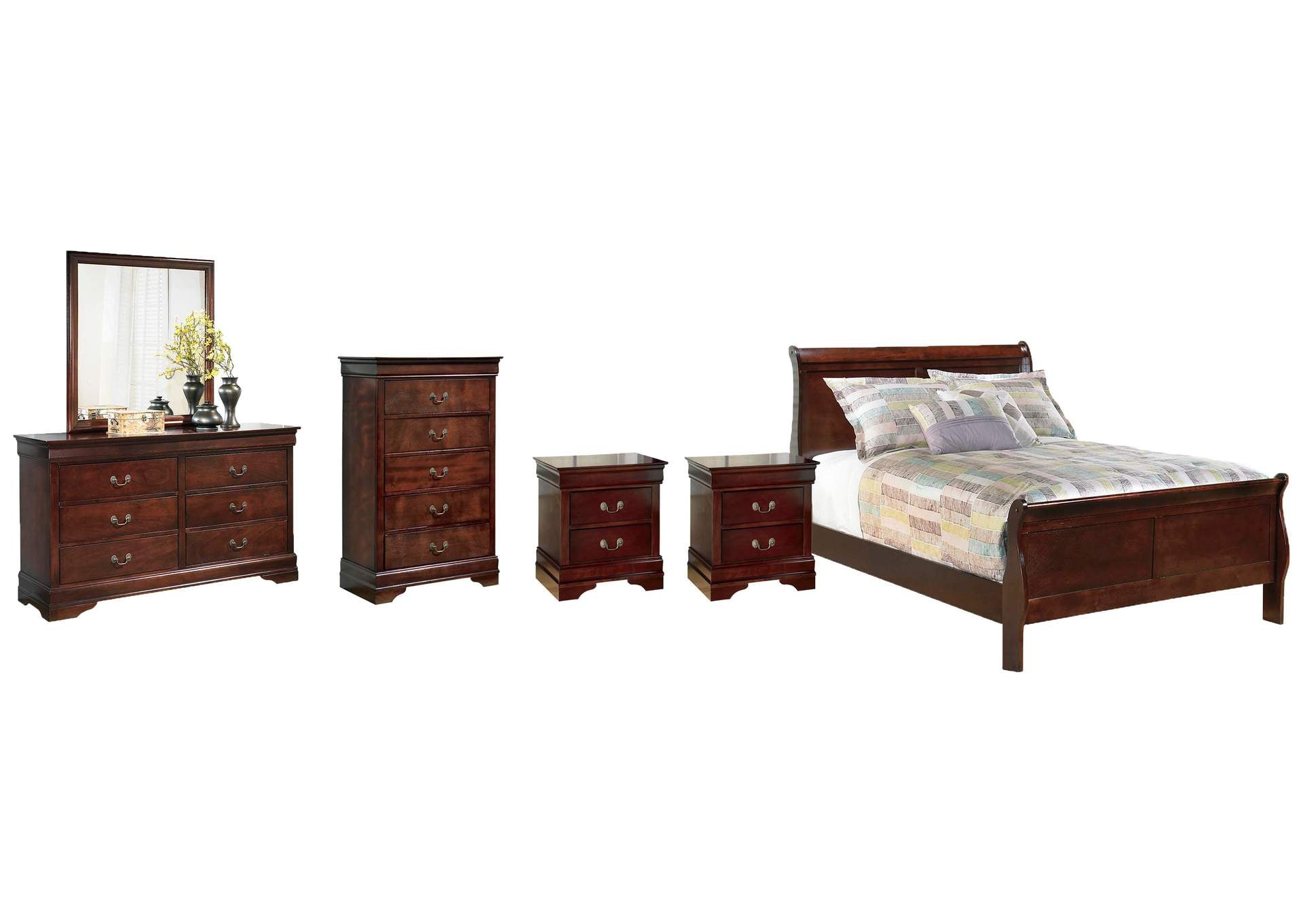 Alisdair Twin Sleigh Bed with Mirrored Dresser, Chest and 2 Nightstands