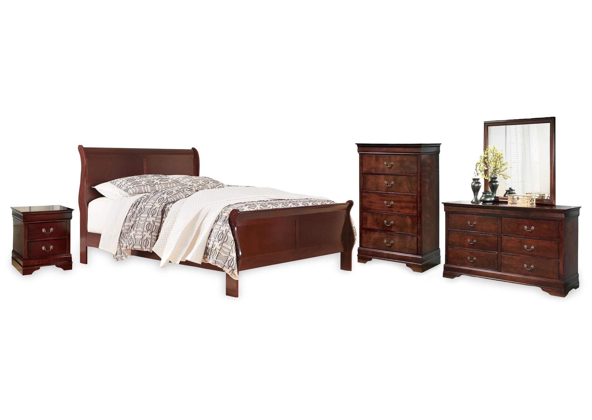Alisdair California King Sleigh Bed with Mirrored Dresser, Chest and Nightstand