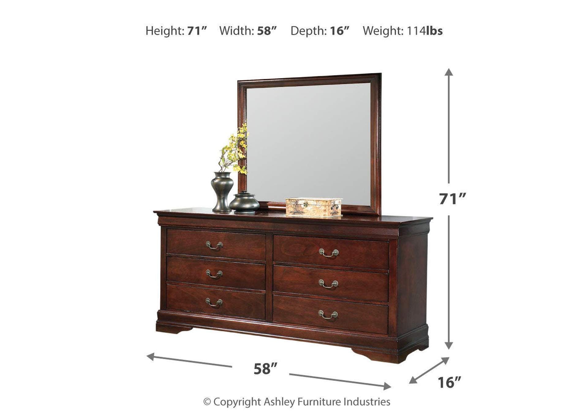 Alisdair Queen Sleigh Bed with Mirrored Dresser and Chest dimensions