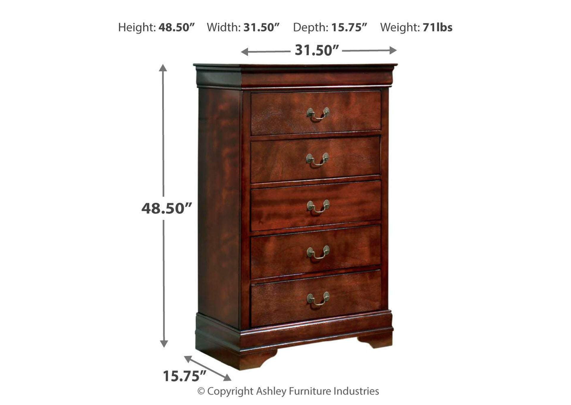 Alisdair Queen Sleigh Bed with Mirrored Dresser, Chest and Nightstand dimensions