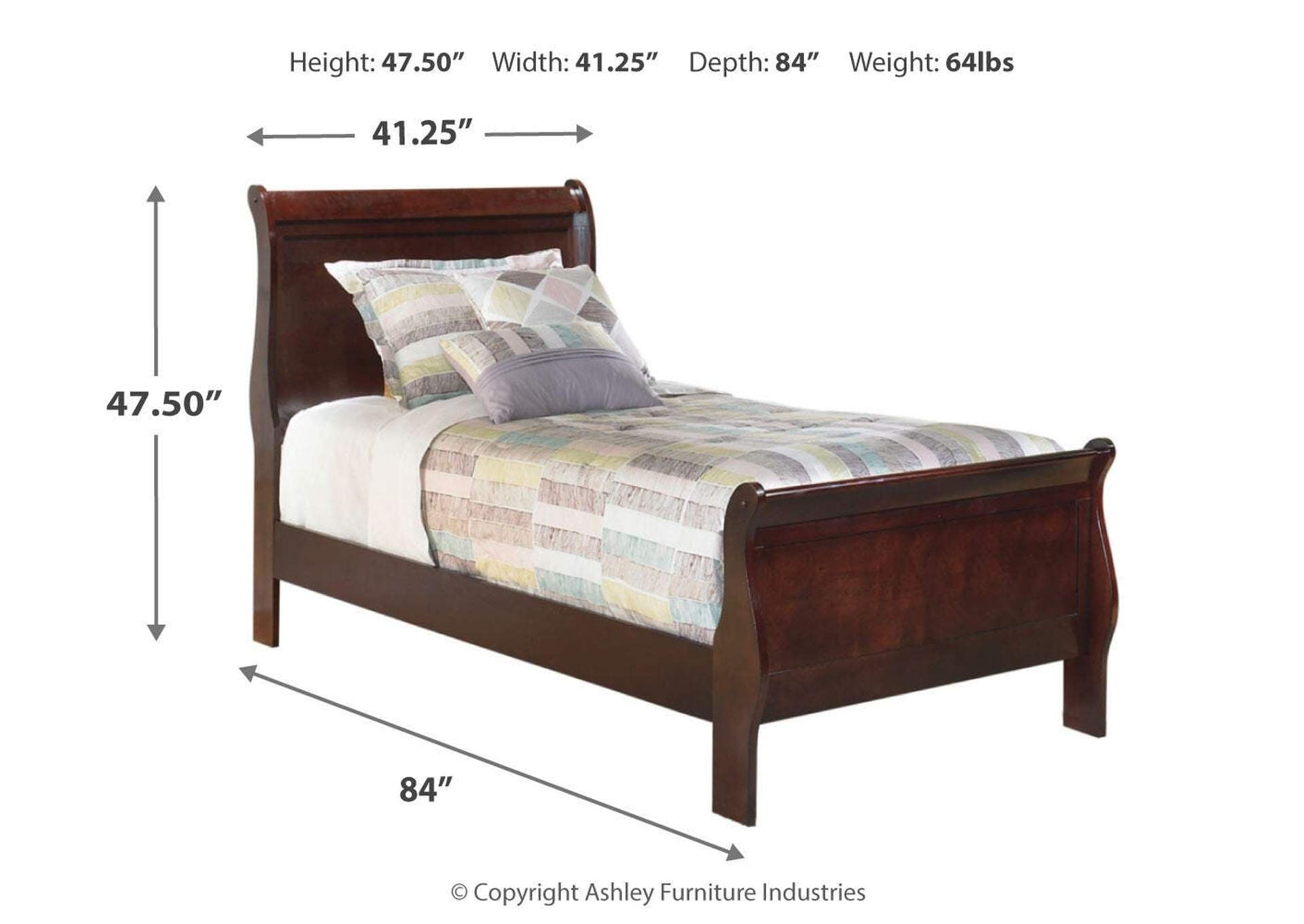 Alisdair Twin Sleigh Bed with Mirrored Dresser, Chest and Nightstand dimensions