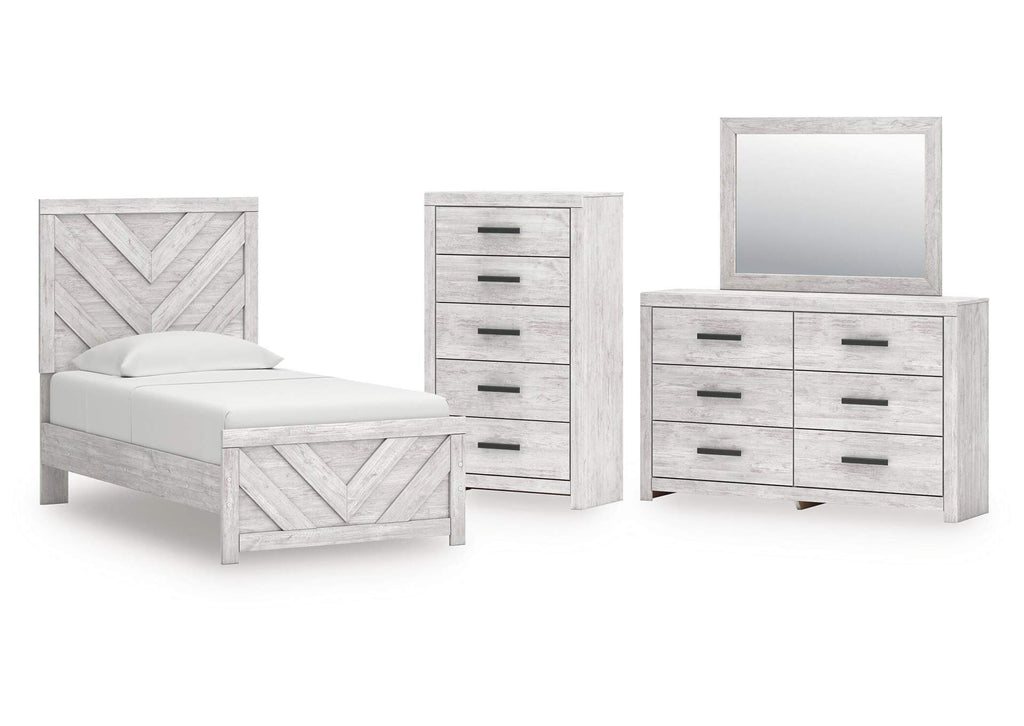 Cayboni Twin Panel Bed with Mirrored Dresser and Chest