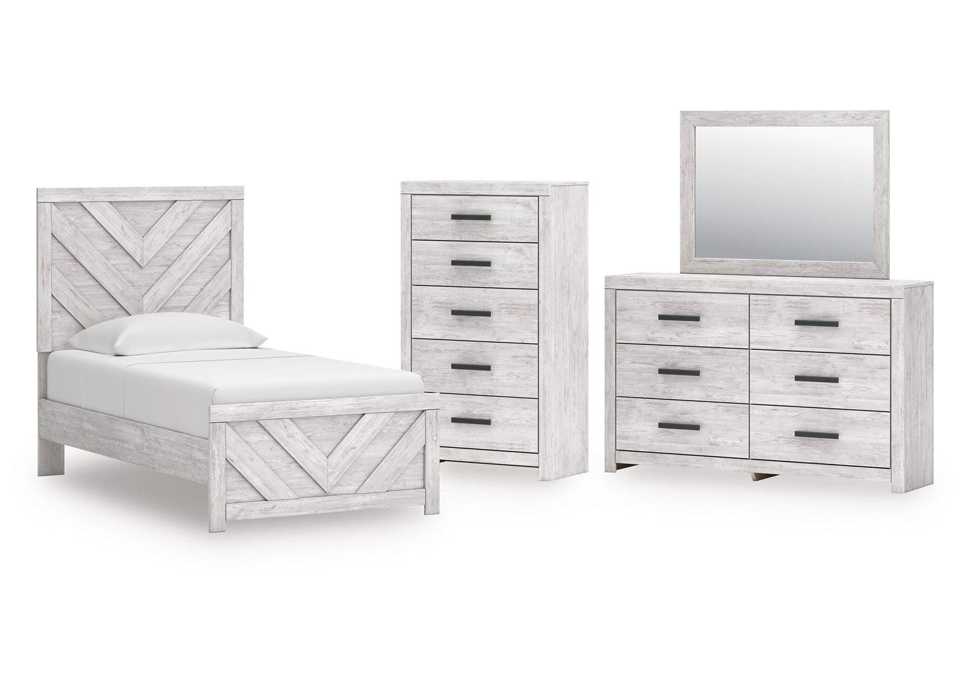 Cayboni Twin Panel Bed with Mirrored Dresser and Chest