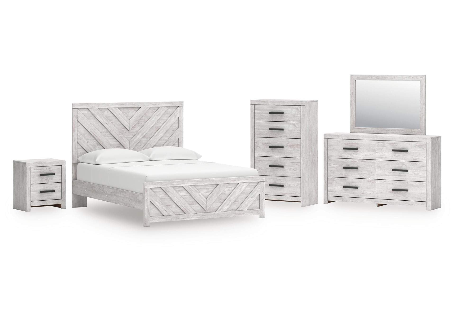 Cayboni Queen Panel Bed with Mirrored Dresser, Chest and Nightstand