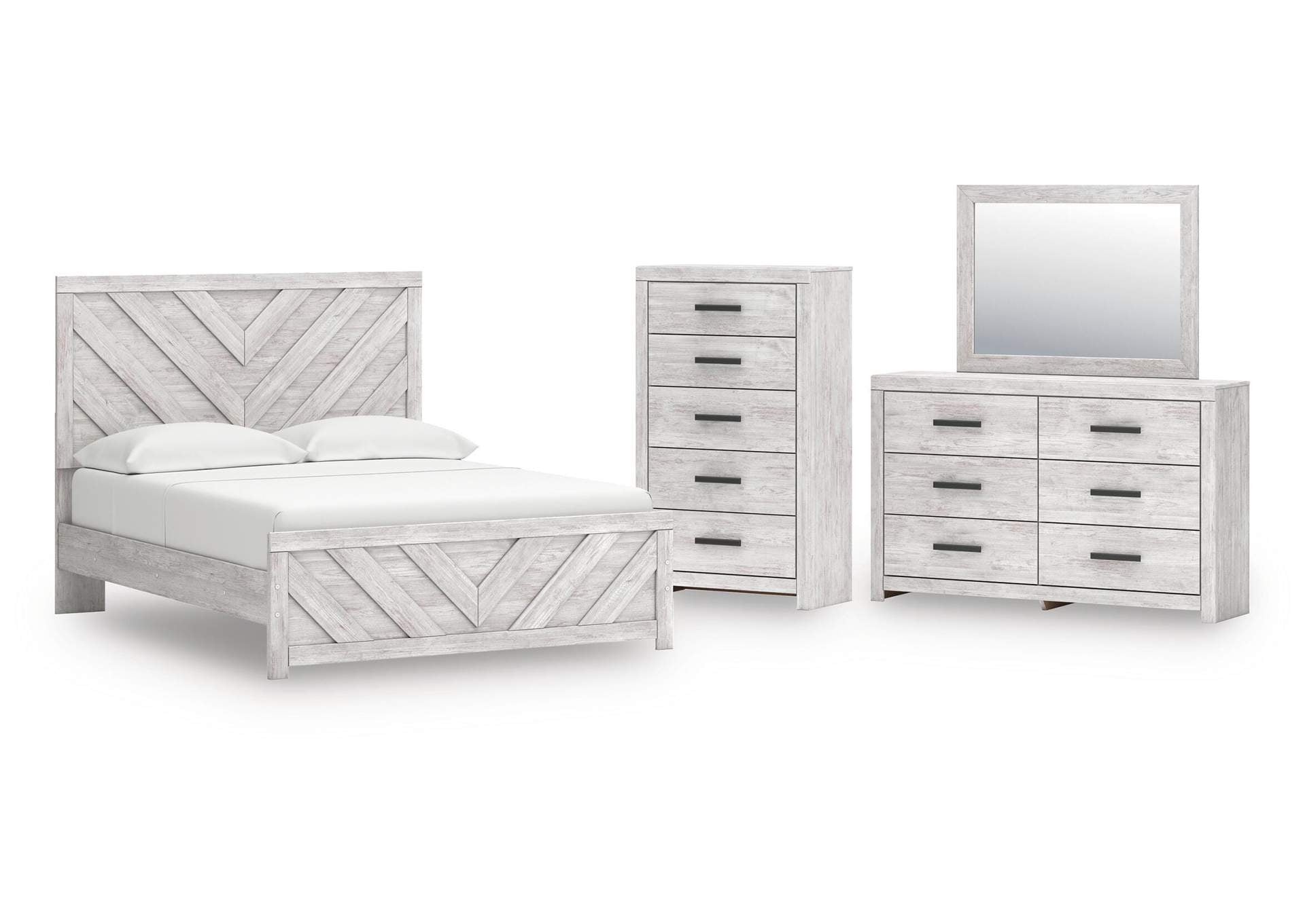 Cayboni Queen Panel Bed with Mirrored Dresser and Chest