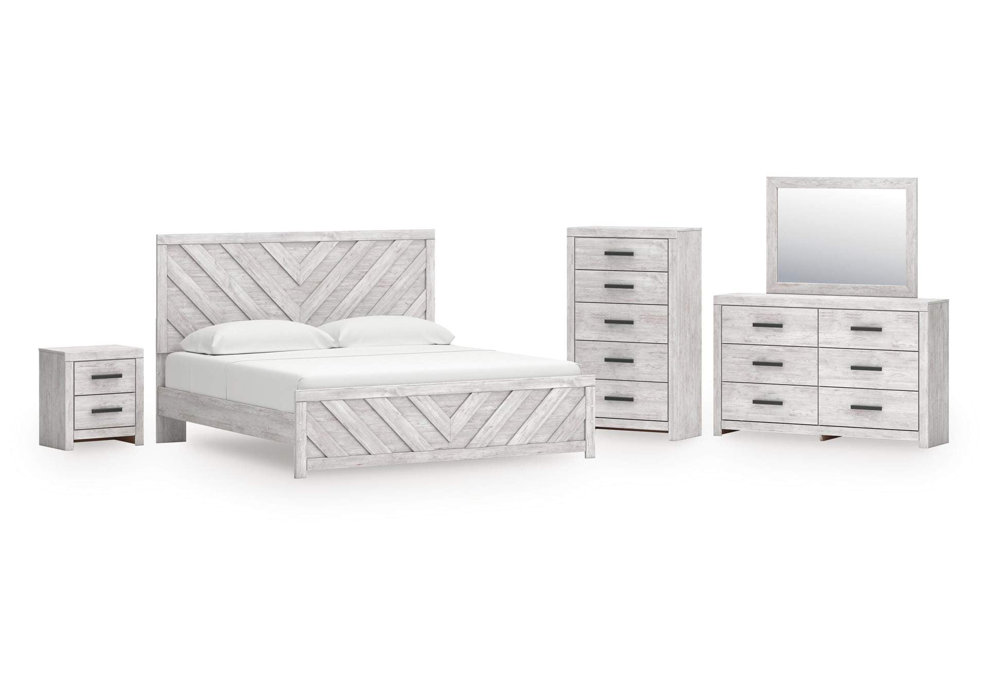Cayboni King Panel Bed with Mirrored Dresser, Chest and Nightstand