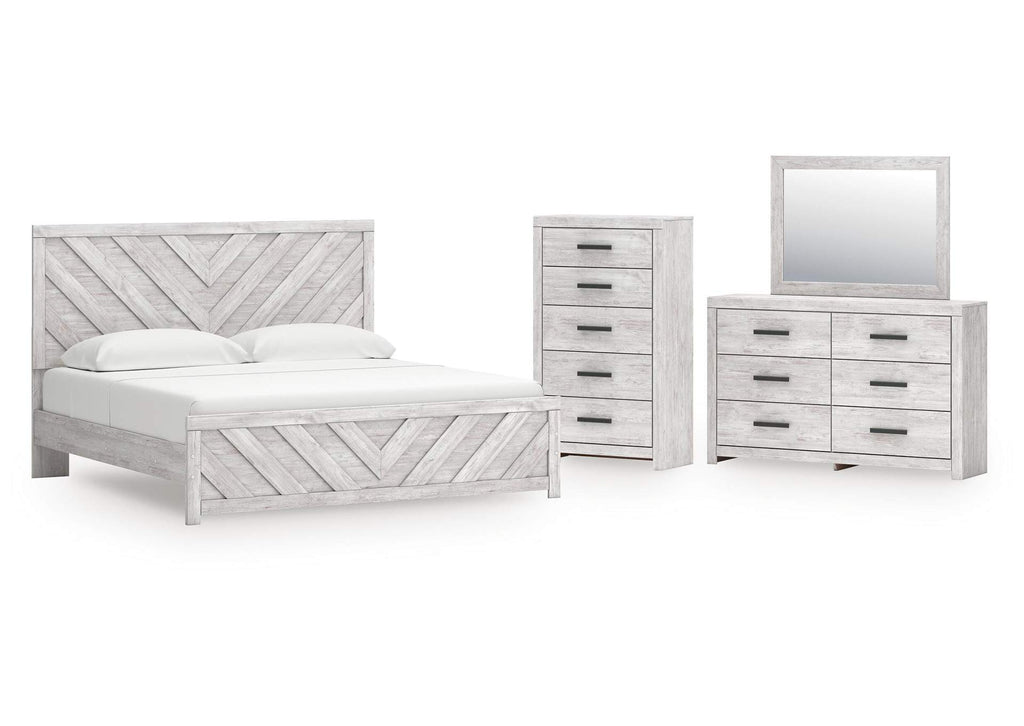 Cayboni King Panel Bed with Mirrored Dresser and Chest