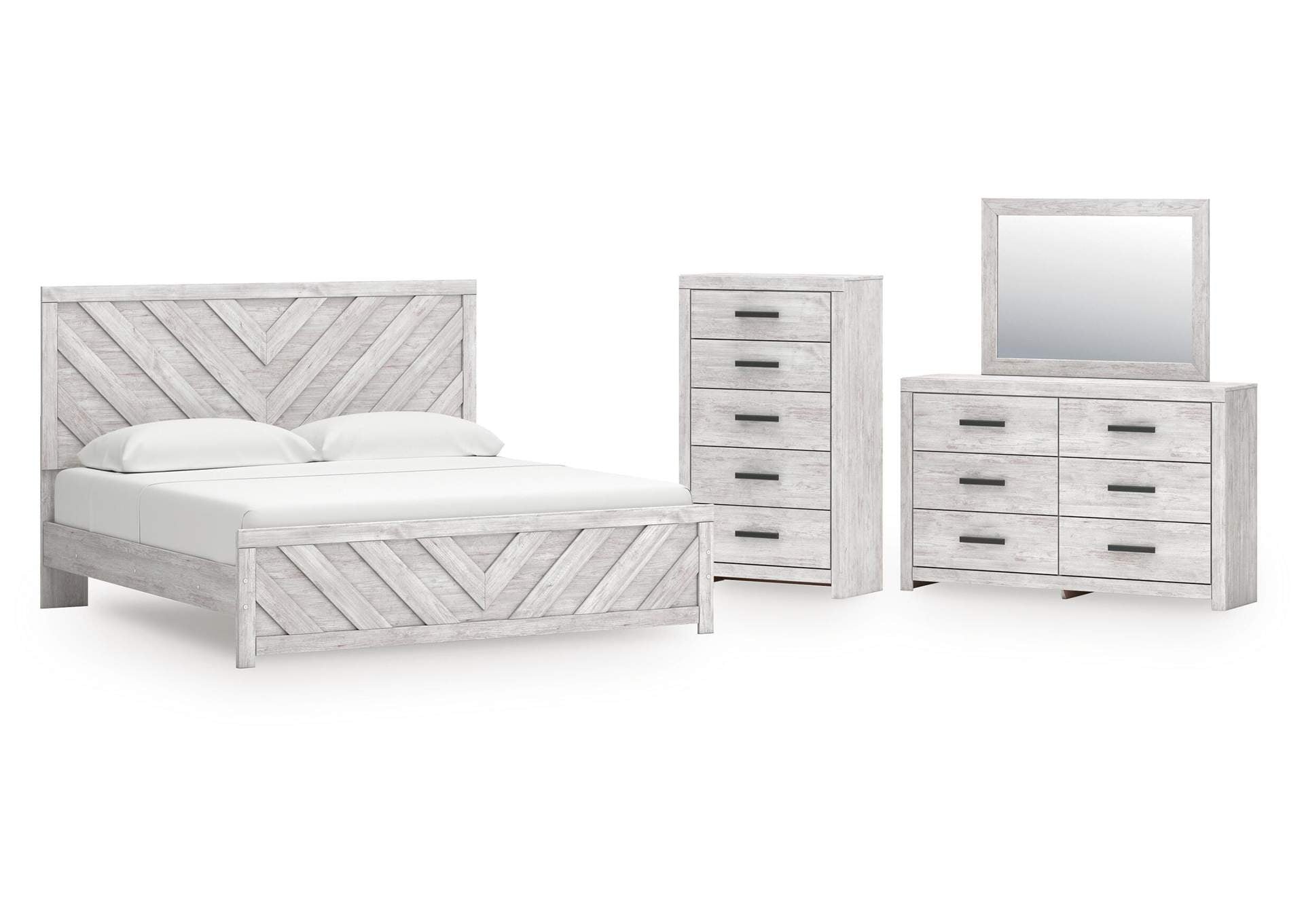 Cayboni King Panel Bed with Mirrored Dresser and Chest