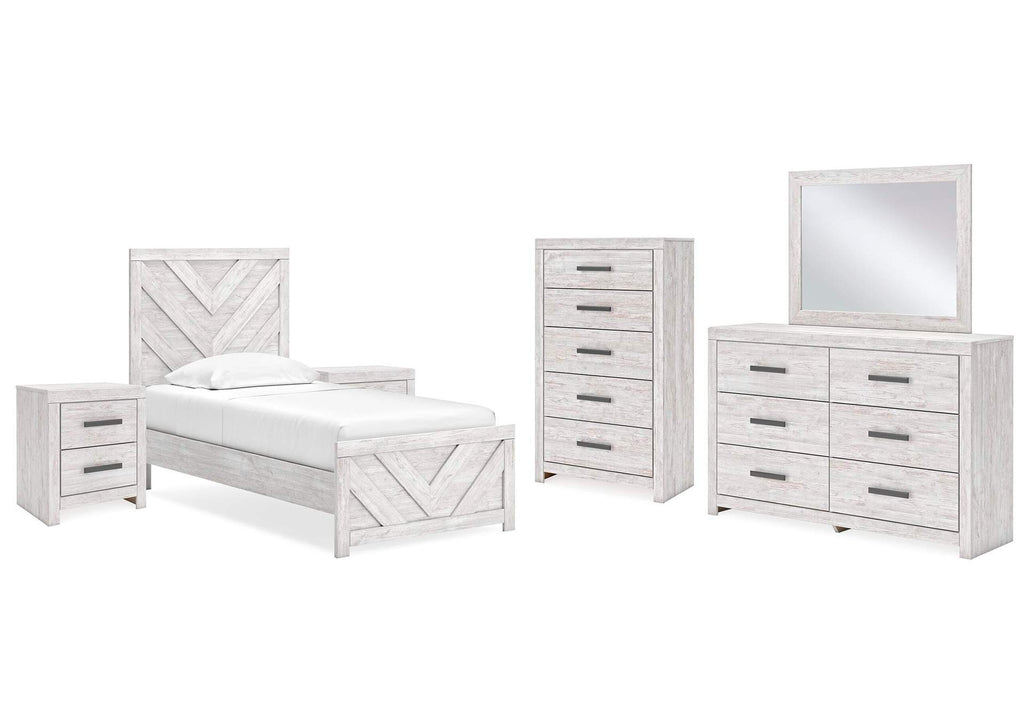 Cayboni Twin Panel Bed with Mirrored Dresser, Chest and 2 Nightstands