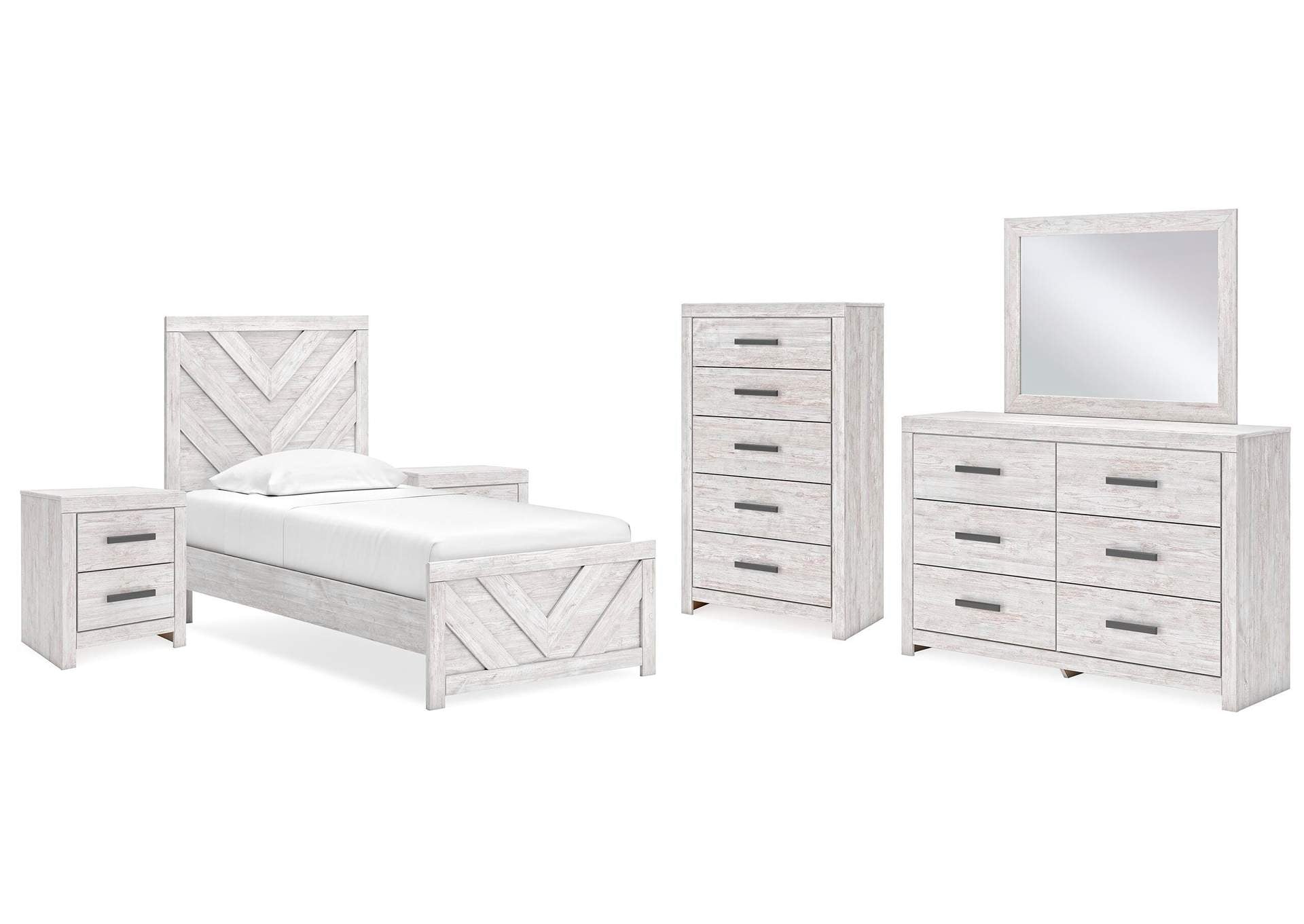 Cayboni Twin Panel Bed with Mirrored Dresser, Chest and 2 Nightstands