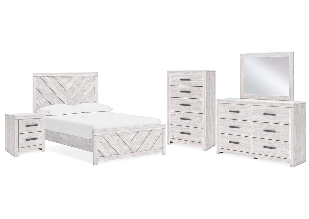 Cayboni Full Panel Bed with Mirrored Dresser, Chest and Nightstand
