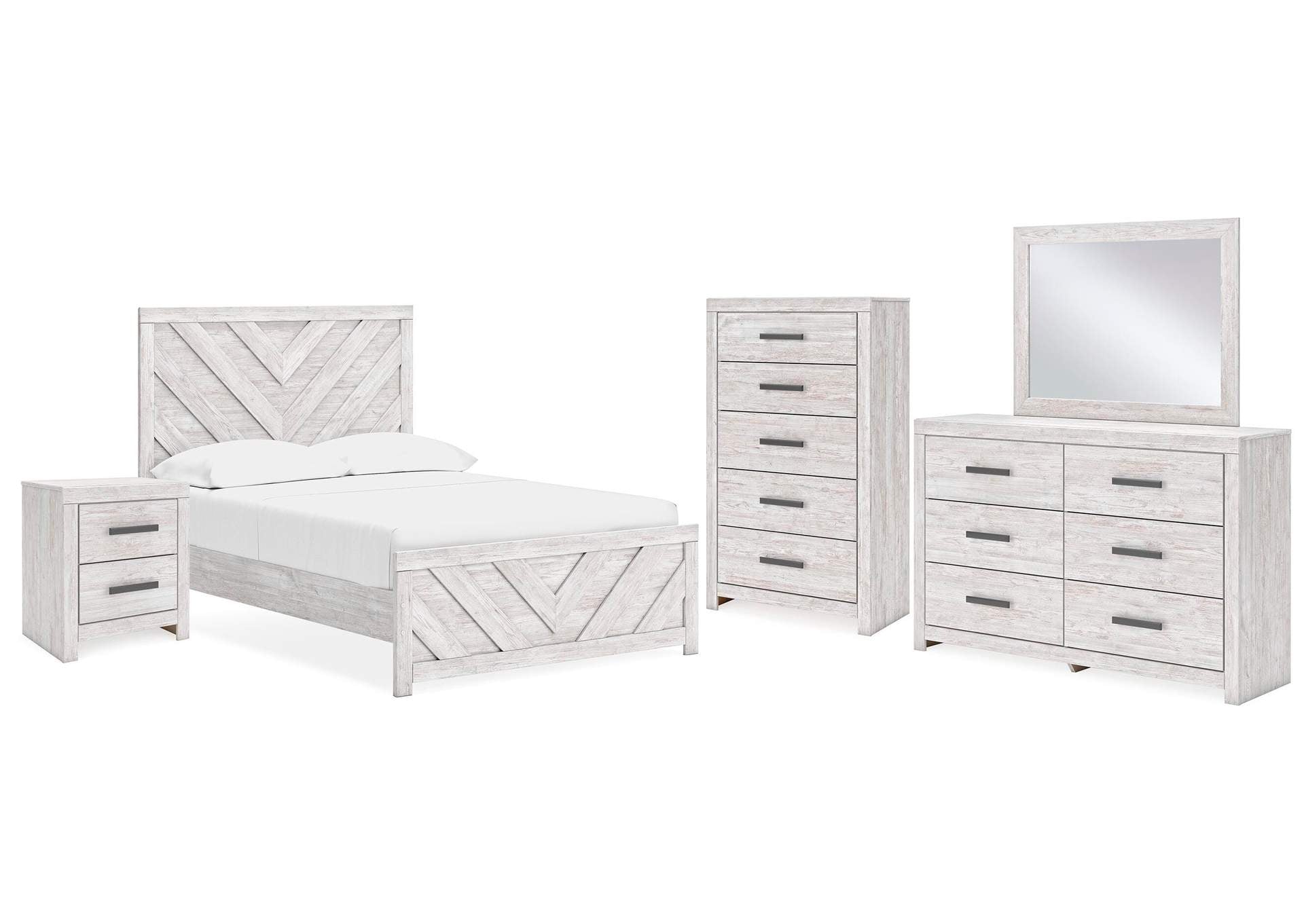 Cayboni Full Panel Bed with Mirrored Dresser, Chest and Nightstand