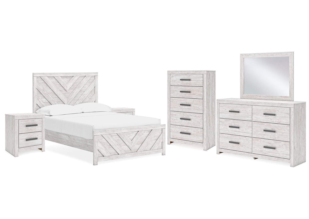 Cayboni Full Panel Bed with Mirrored Dresser, Chest and 2 Nightstands