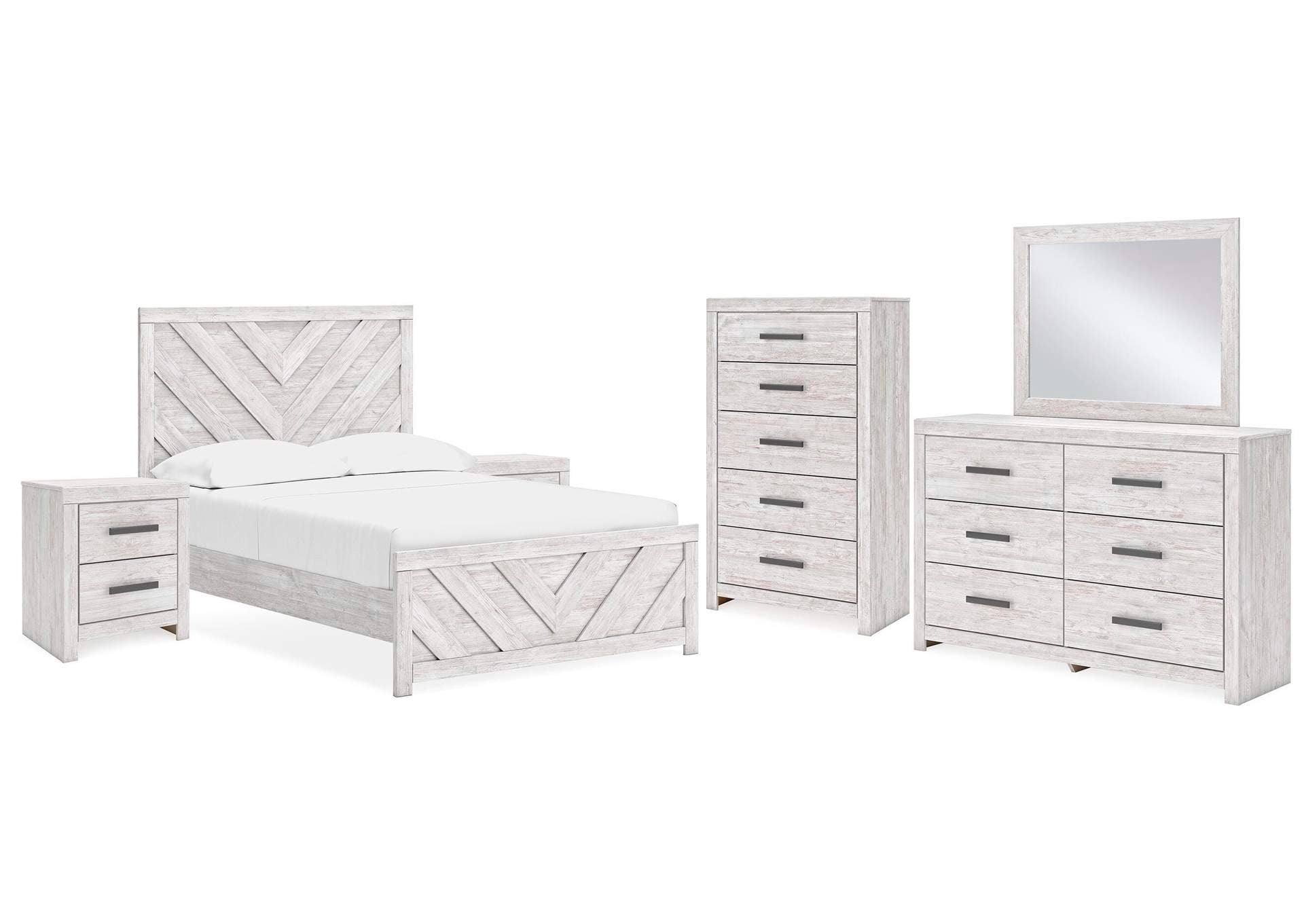 Cayboni Full Panel Bed with Mirrored Dresser, Chest and 2 Nightstands