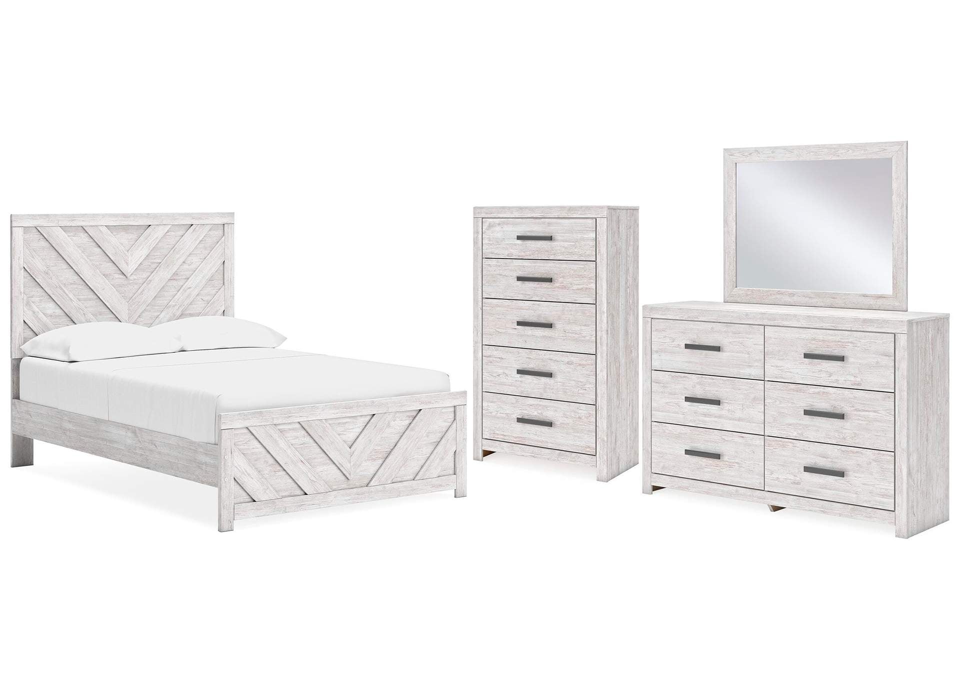 Cayboni Full Panel Bed with Mirrored Dresser and Chest