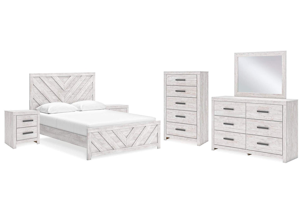 Cayboni Queen Panel Bed with Mirrored Dresser, Chest and 2 Nightstands