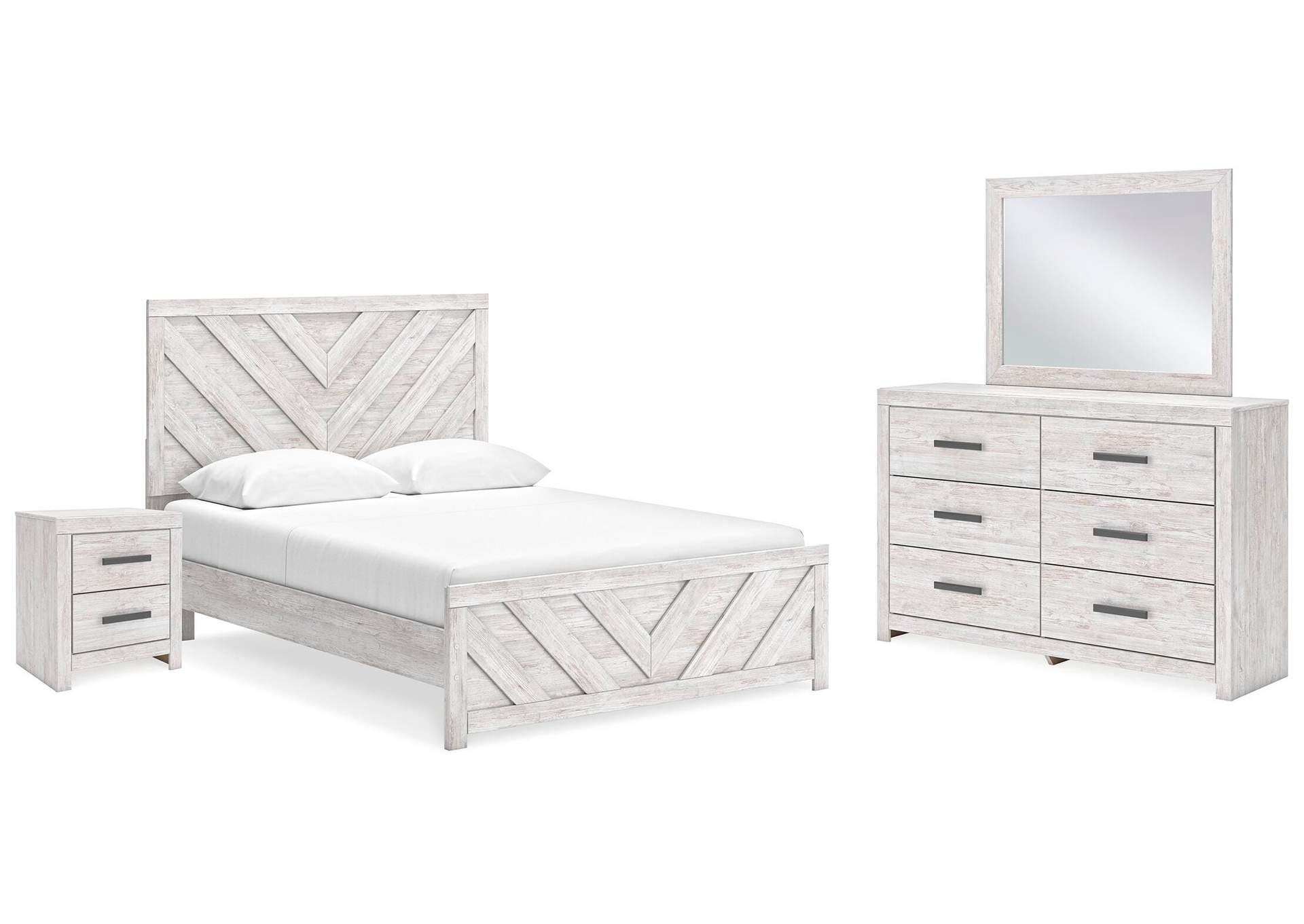 Cayboni Queen Panel Bed with Mirrored Dresser and Nightstand