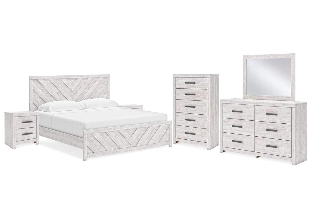 Cayboni King Panel Bed with Mirrored Dresser, Chest and 2 Nightstands