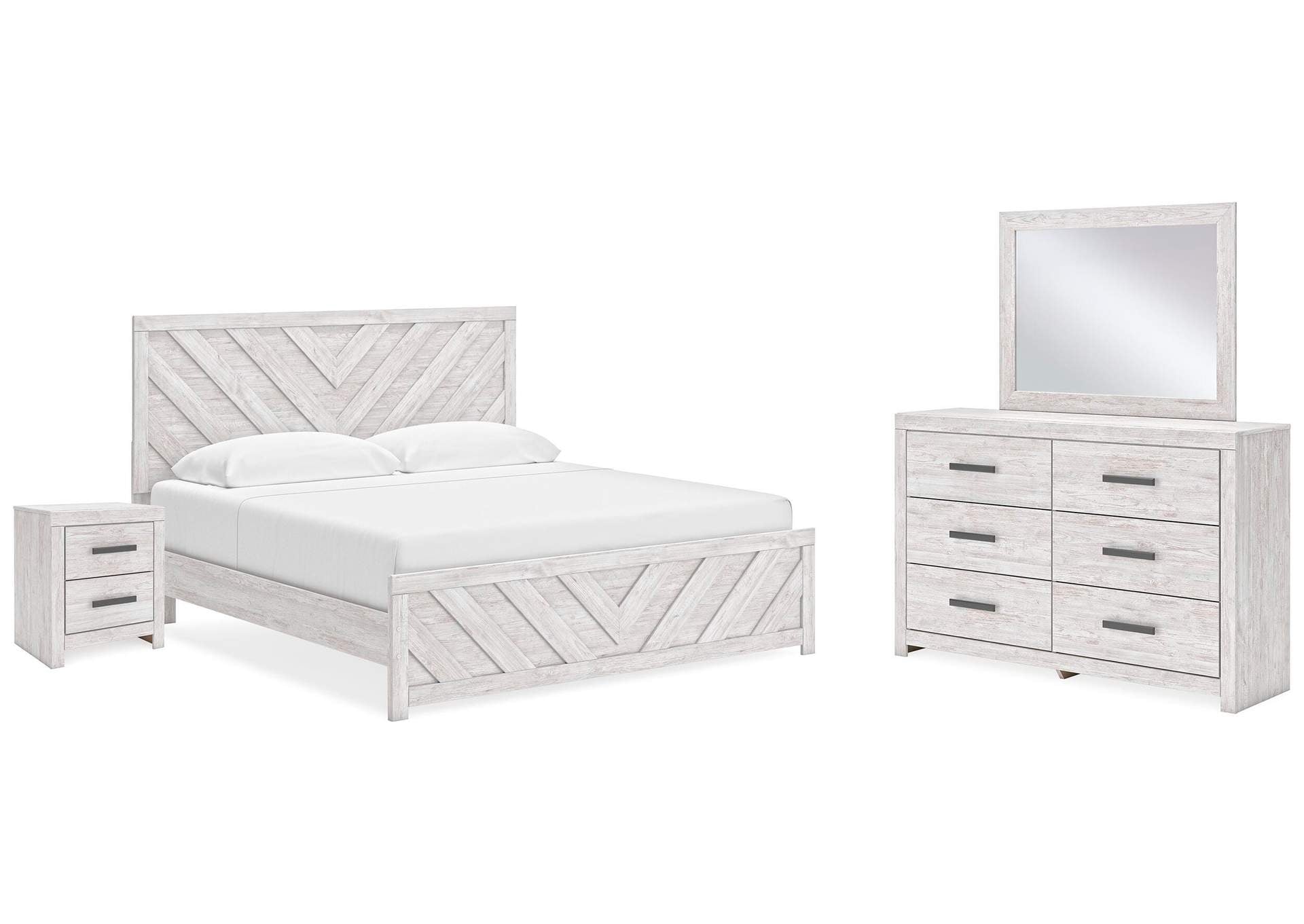Cayboni King Panel Bed with Mirrored Dresser and Nightstand