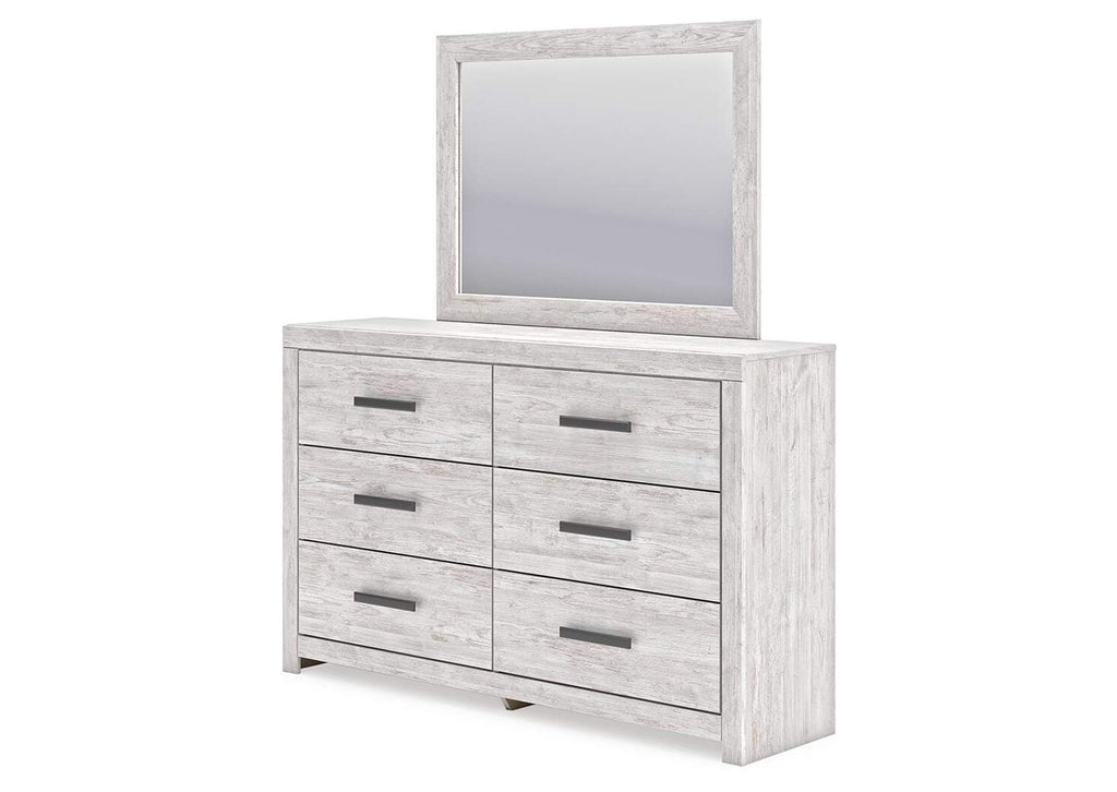 Cayboni King Panel Bed with Mirrored Dresser angled view