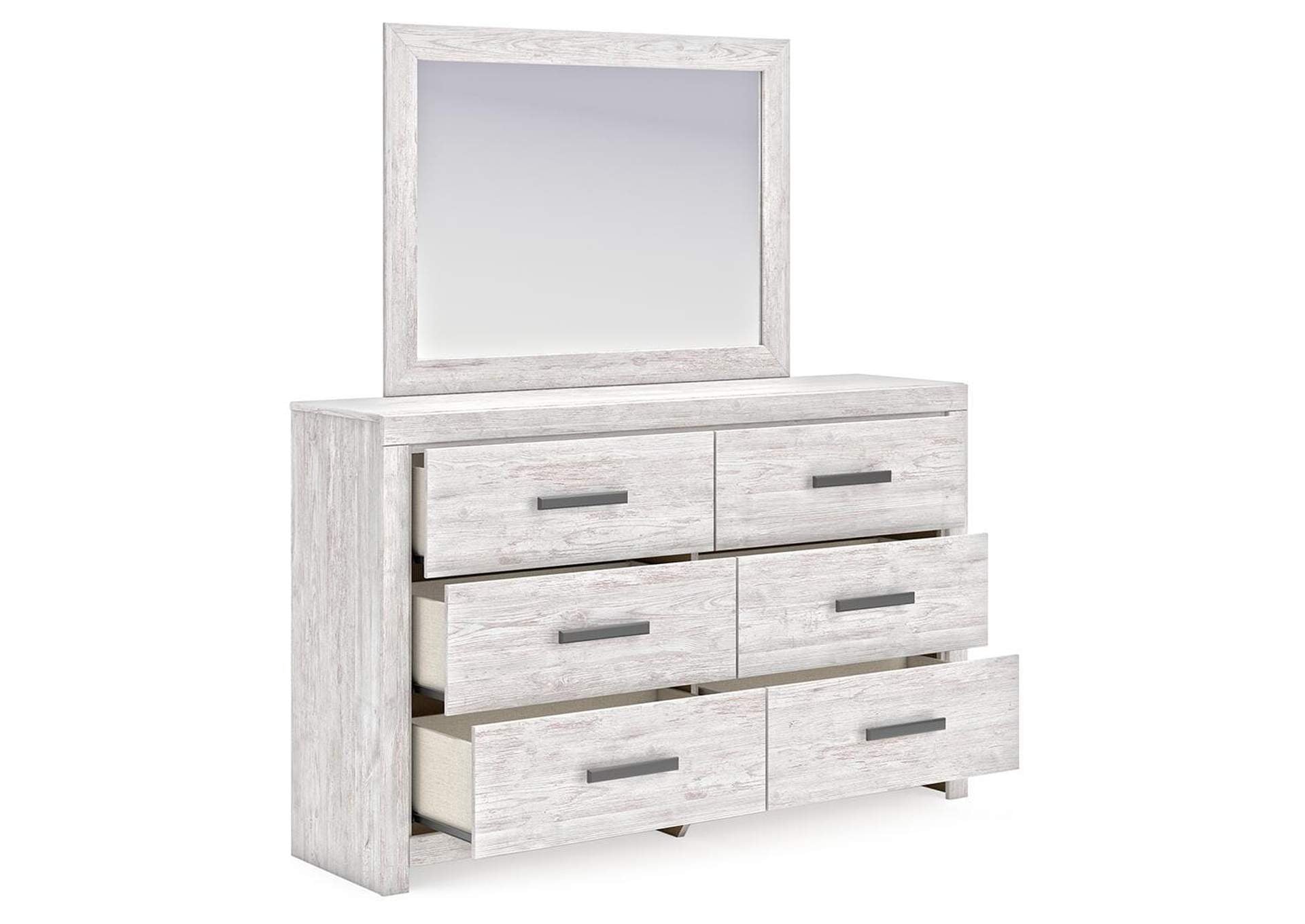 Cayboni King Panel Bed with Mirrored Dresser and Nightstand angled view