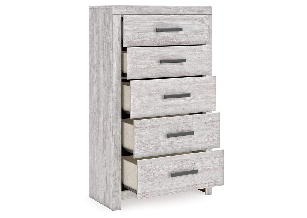 Cayboni Full Panel Bed with Mirrored Dresser and Chest angled view