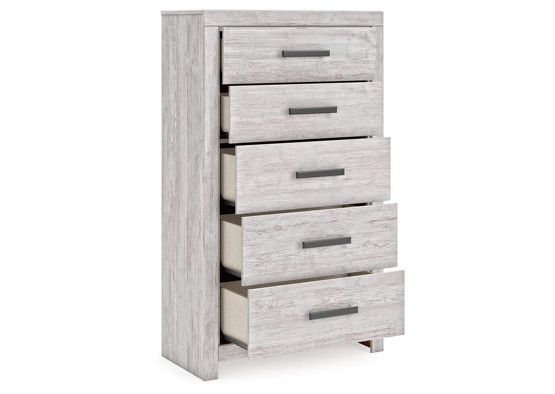 Cayboni King Panel Bed with Mirrored Dresser, Chest and Nightstand angled view