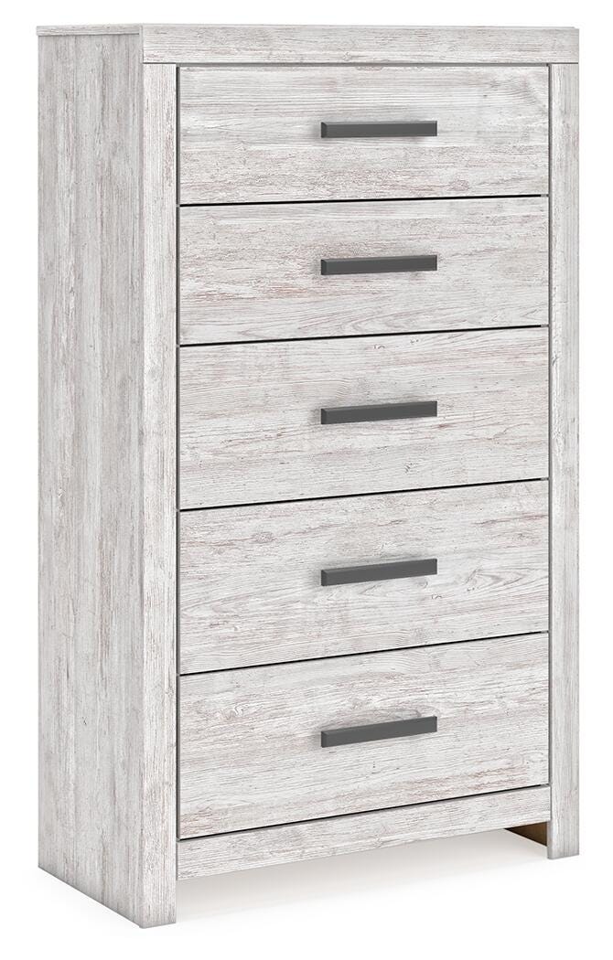 Cayboni Chest of Drawers in Whitewash, angle view