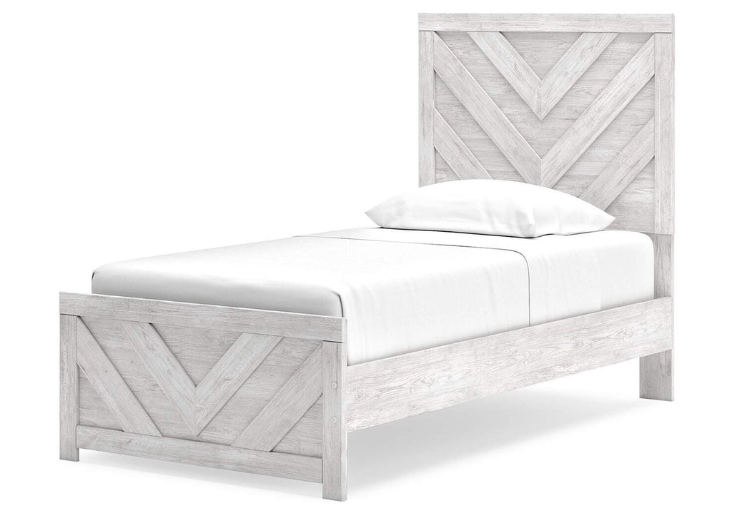 Cayboni Twin Panel Bed with Mirrored Dresser, Chest and Nightstand angled view