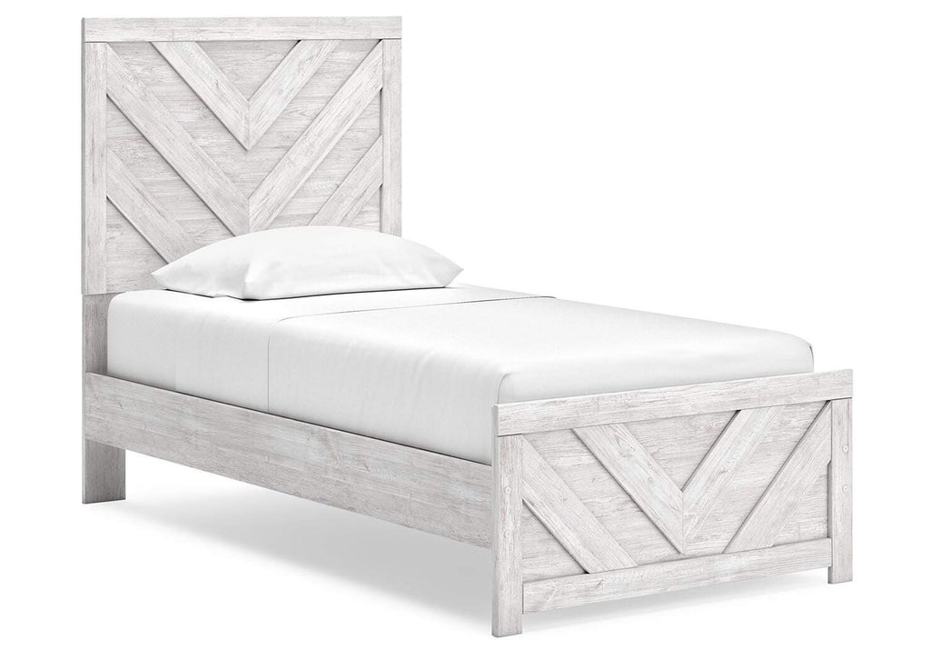 Cayboni Twin Panel Bed with Mirrored Dresser, Chest and Nightstand angled view