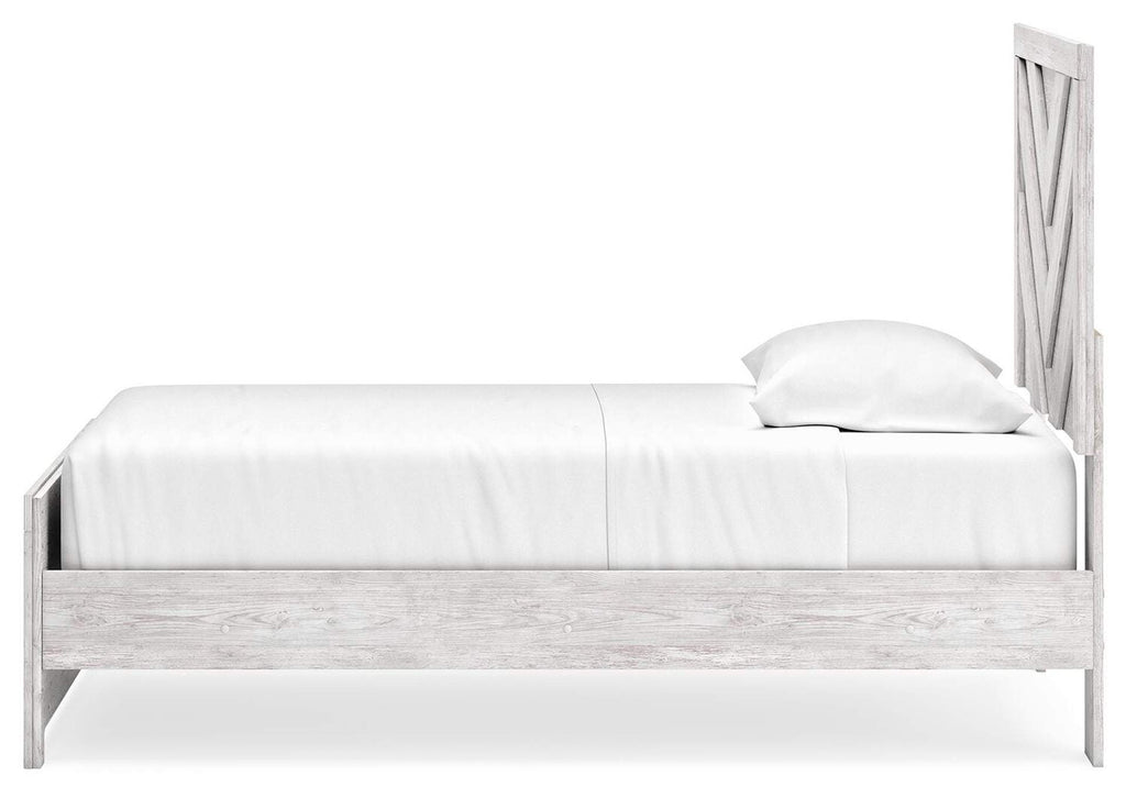 Cayboni Twin Panel Bed with Mirrored Dresser, Chest and Nightstand side view