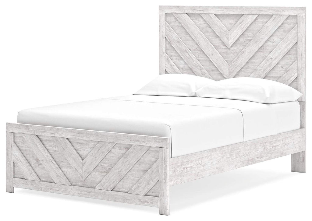 Cayboni Full Panel Bed with Mirrored Dresser, Chest and 2 Nightstands angled view
