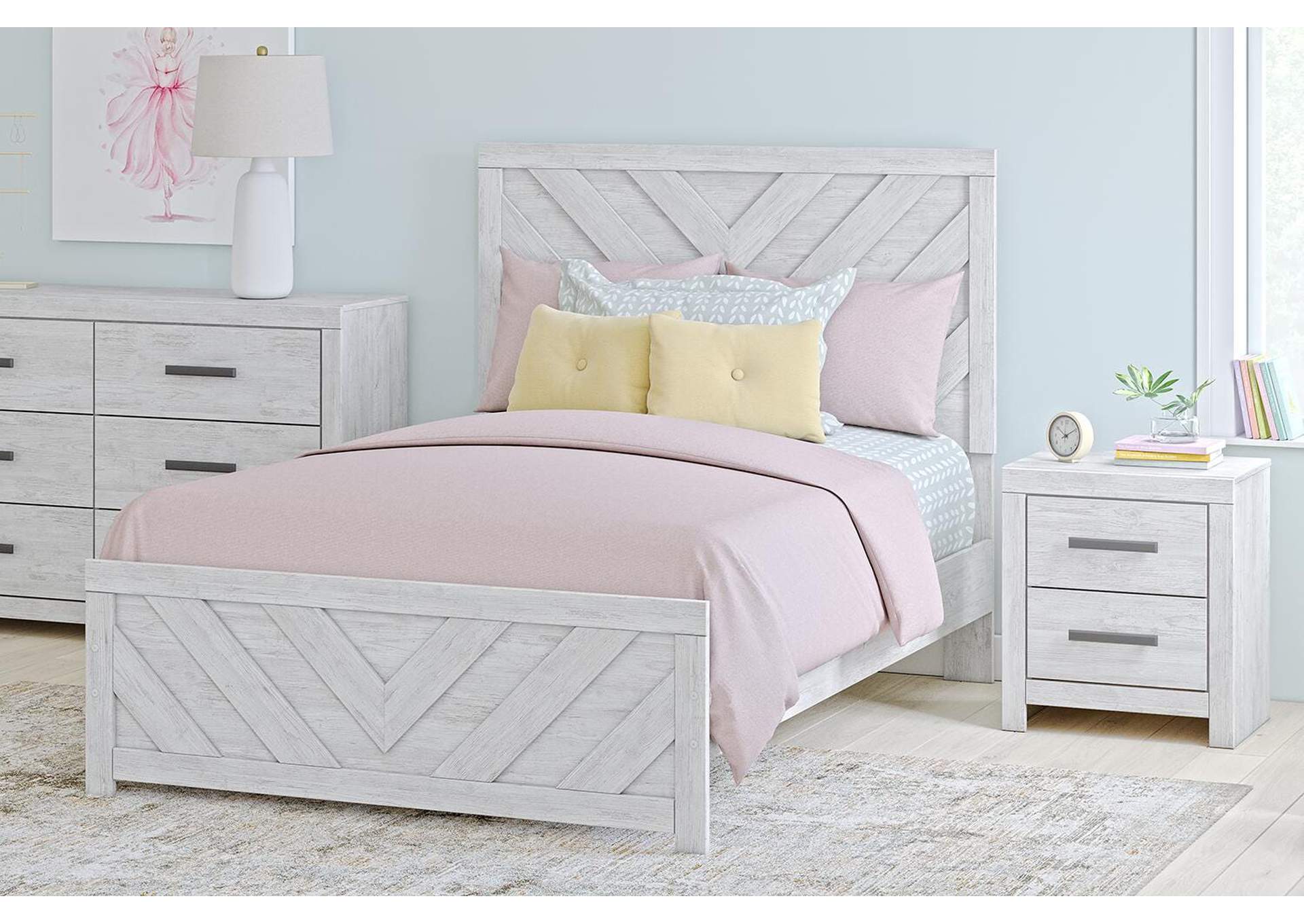 Cayboni Full Panel Bed with Mirrored Dresser and Chest