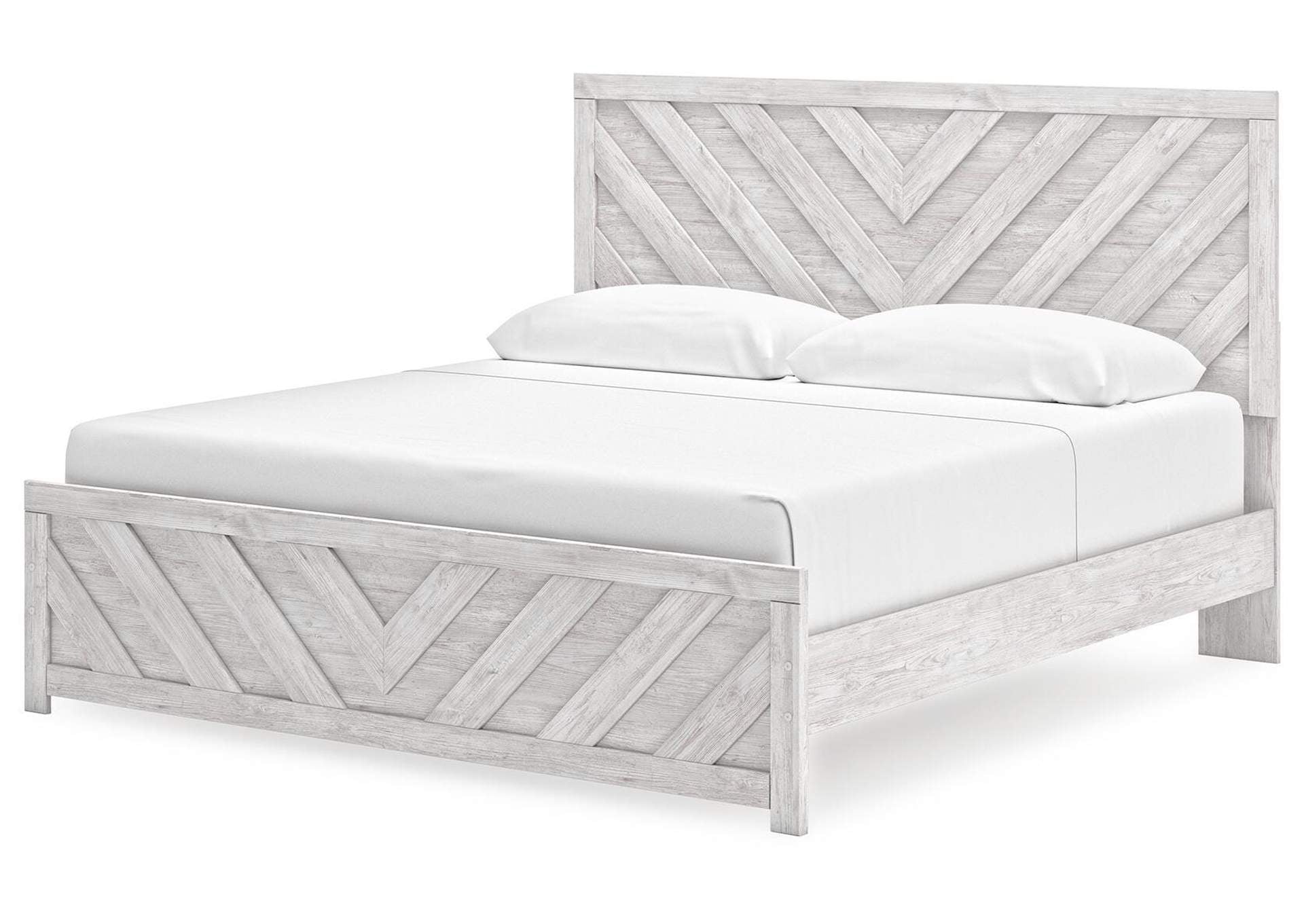 Cayboni King Panel Bed with Mirrored Dresser, Chest and Nightstand angled view